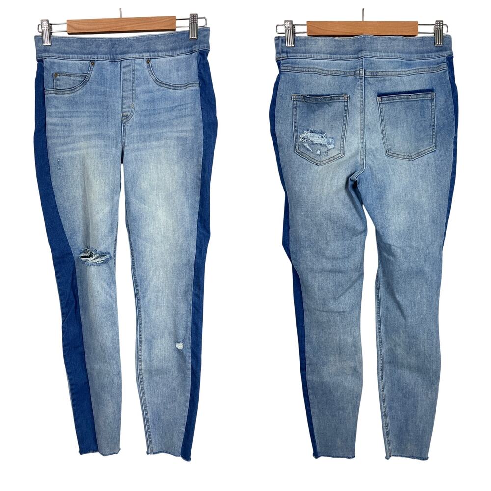 SPANX Womens M Pull On Side Stripe Distressed Slimming High Waisted Skinny Jeans